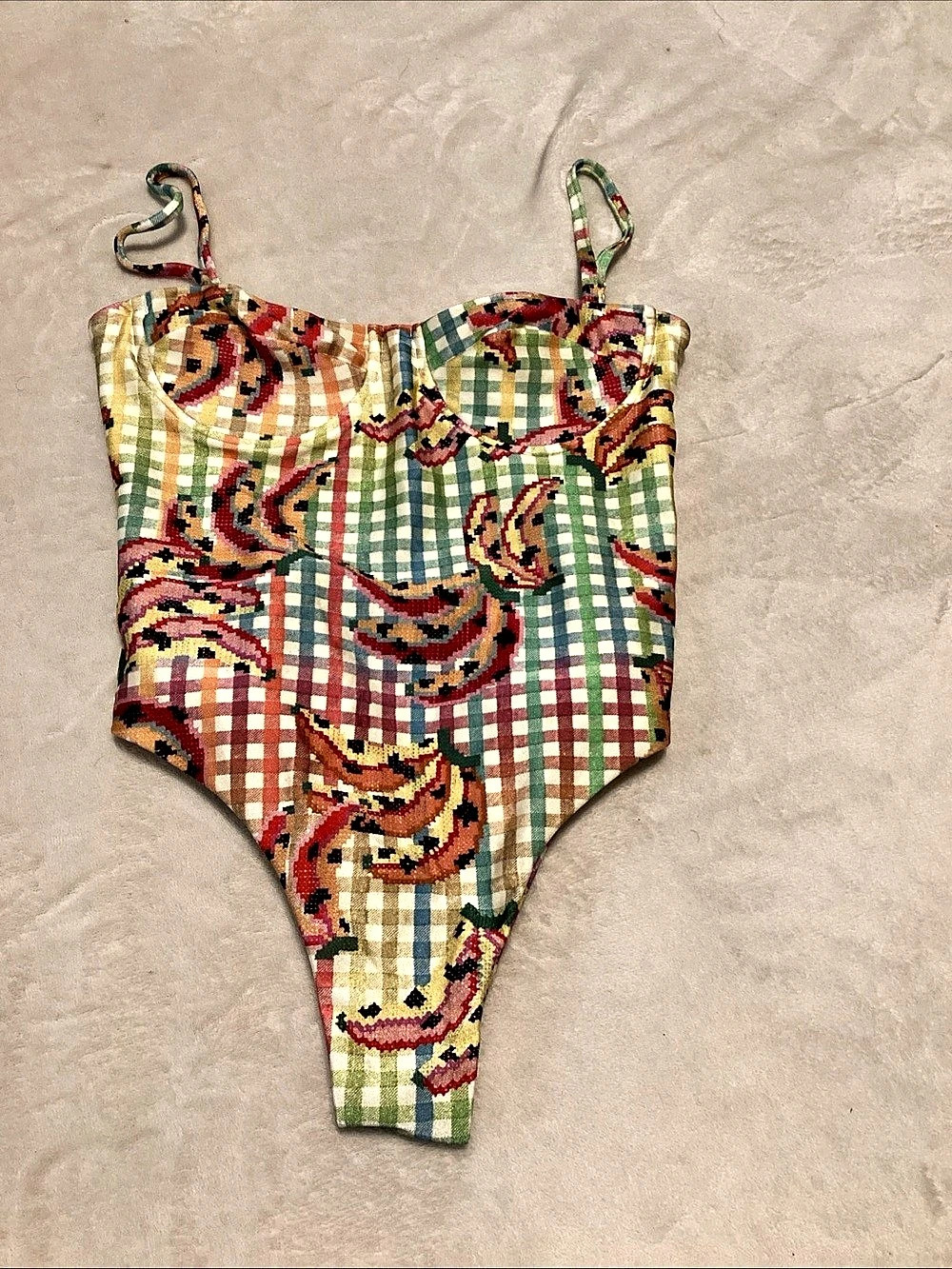 Farm Rio Banana Vichy One-Piece Swimsuit Plaid One-Piece Swimsuit Multicolor